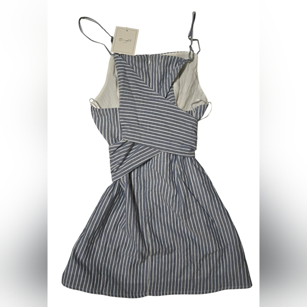 Bright - Blue & White Striped Bow Front Mini Dress – Size M - Picture 4 of 7
